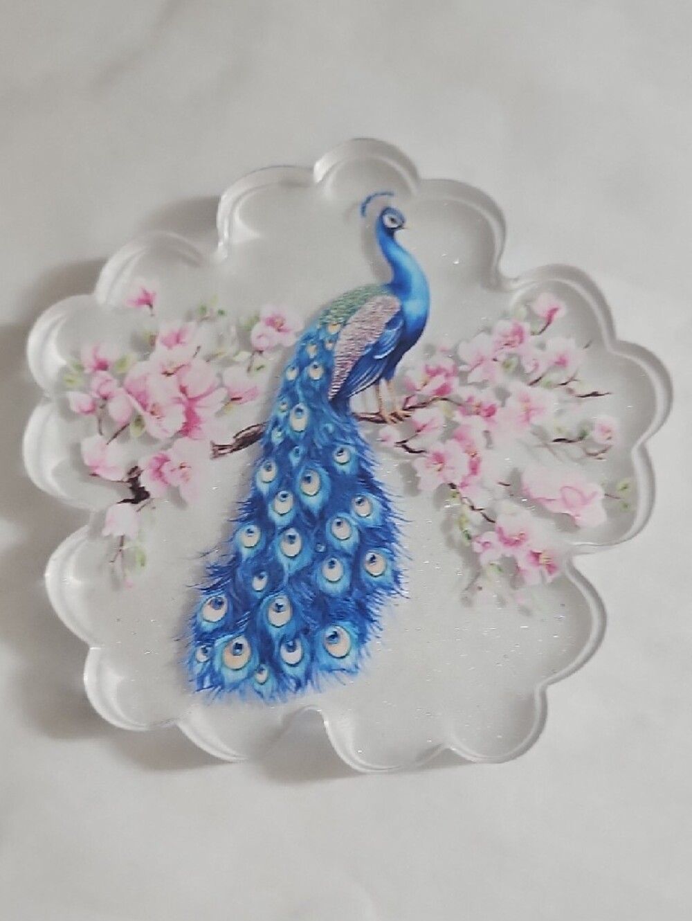 Hand Crafted Blue Peacock Floral Glass Coasters - Set of 4 - Picture 5 of 6